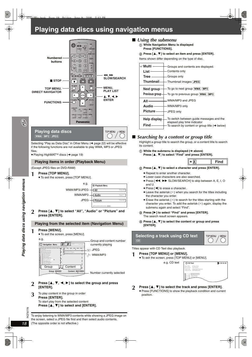 Playing data discs using navigation menus, Using the submenu, Searching by a content or group title | Playing data discs, Selecting a track using cd text | Panasonic SC-HT441W User Manual | Page 18 / 40