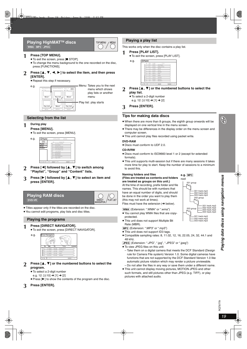 Playing highmat, Discs, Playing ram discs | Tips for making data discs, Selecting from the list, Playing the programs, Playing a play list, Press [top menu, Press [menu, Press [direct navigator | Panasonic SC-HT441W User Manual | Page 19 / 40