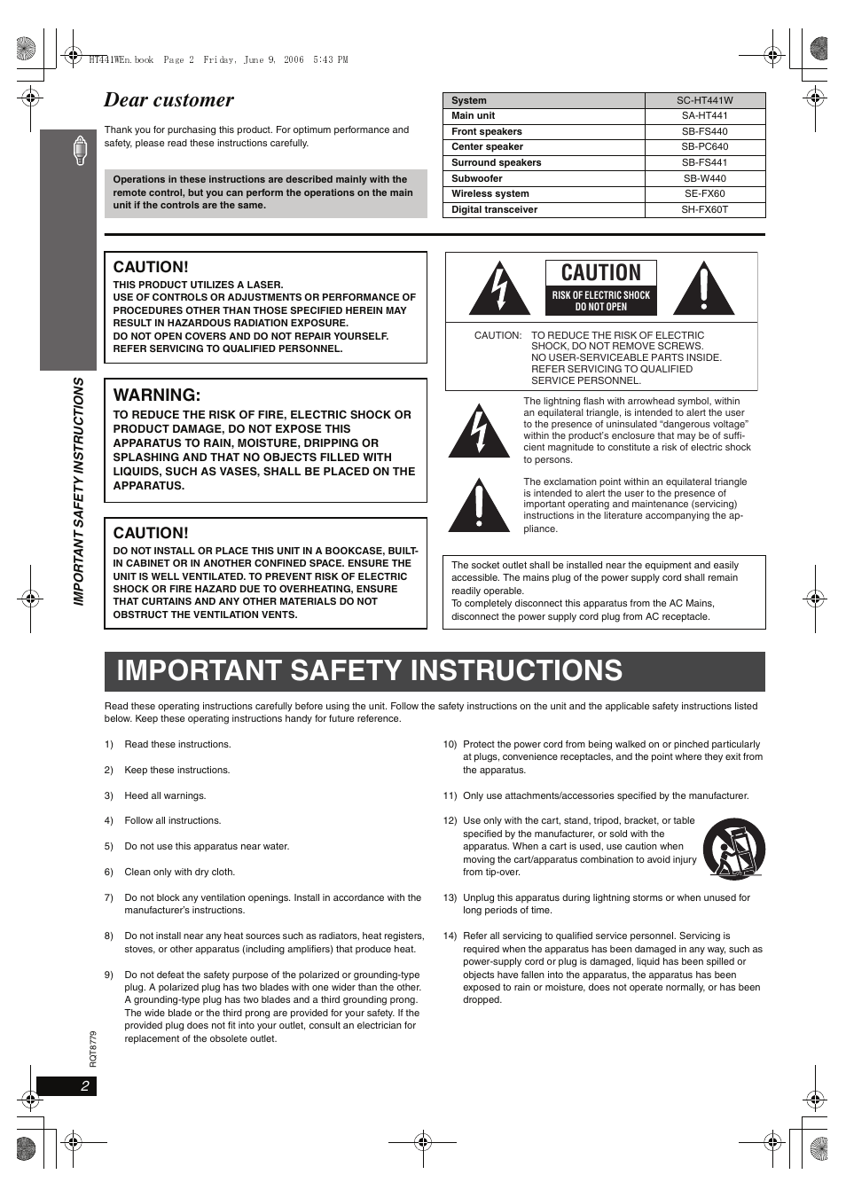Important instructions, Important safety instructions, Dear customer | Warning, Caution | Panasonic SC-HT441W User Manual | Page 2 / 40