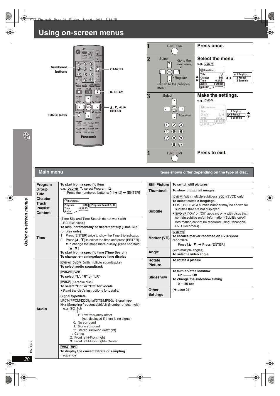 Using on-screen menus, Press once, Select the menu | Make the settings, Press to exit, Main menu | Panasonic SC-HT441W User Manual | Page 20 / 40