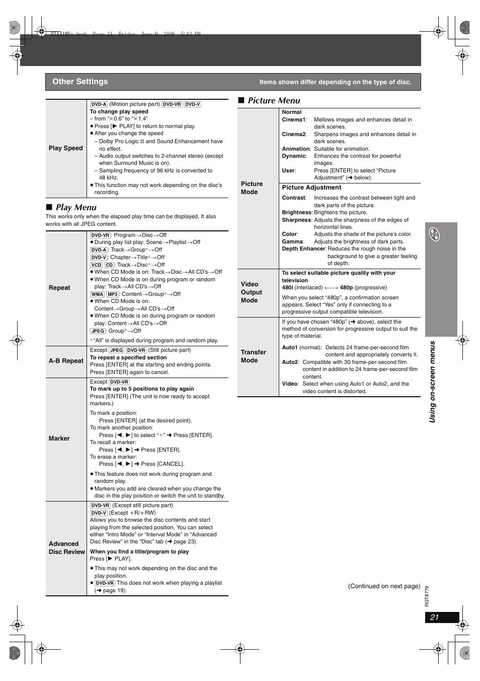 Play menu, Picture menu, Other settings | Panasonic SC-HT441W User Manual | Page 21 / 40