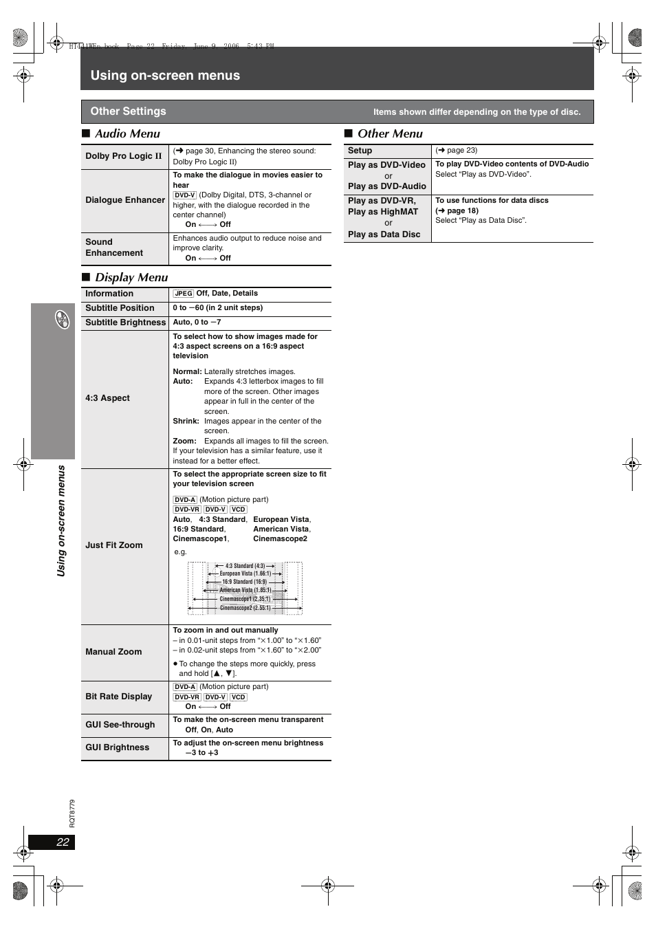 Using on-screen menus, Audio menu ∫ display menu ∫ other menu | Panasonic SC-HT441W User Manual | Page 22 / 40