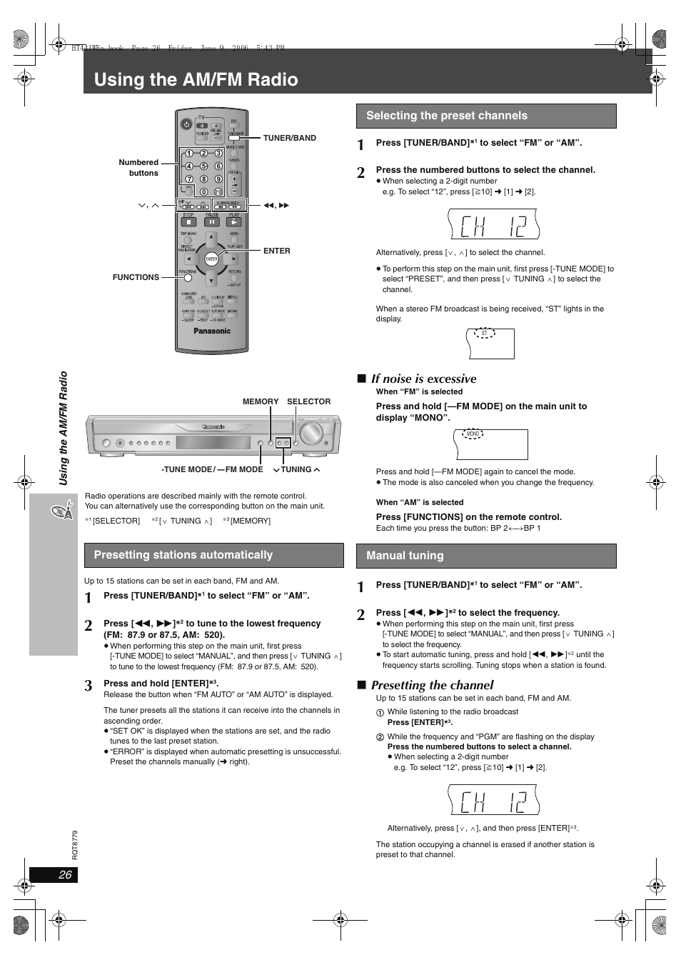 Using the am/fm radio, Presetting stations automatically, Selecting the preset channels | Manual tuning, Other operations, If noise is excessive, Presetting the channel, Us in g the am /f m ra dio | Panasonic SC-HT441W User Manual | Page 26 / 40