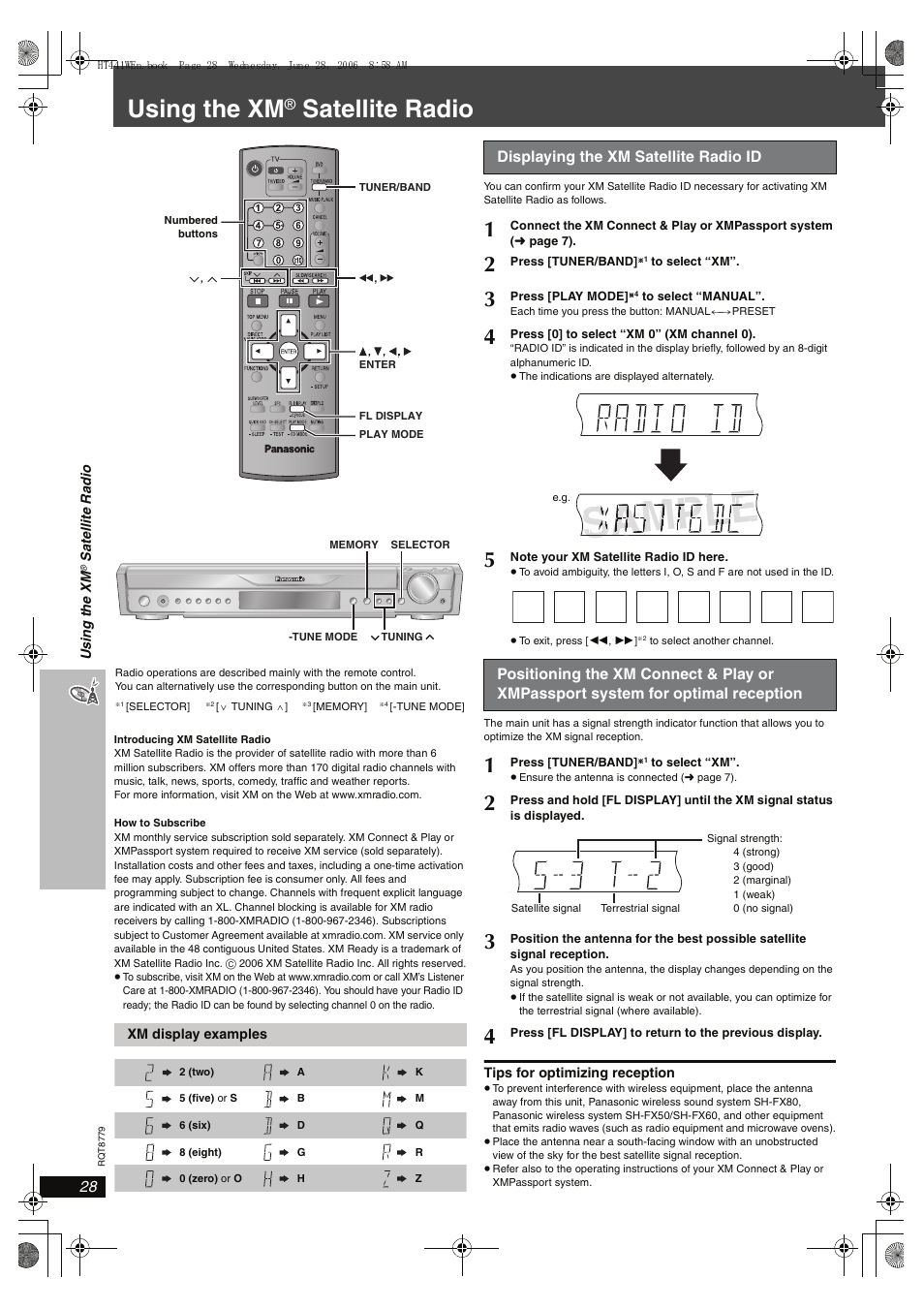 Using the xm satellite radio, Sample e, Using the xm | Satellite radio | Panasonic SC-HT441W User Manual | Page 28 / 40