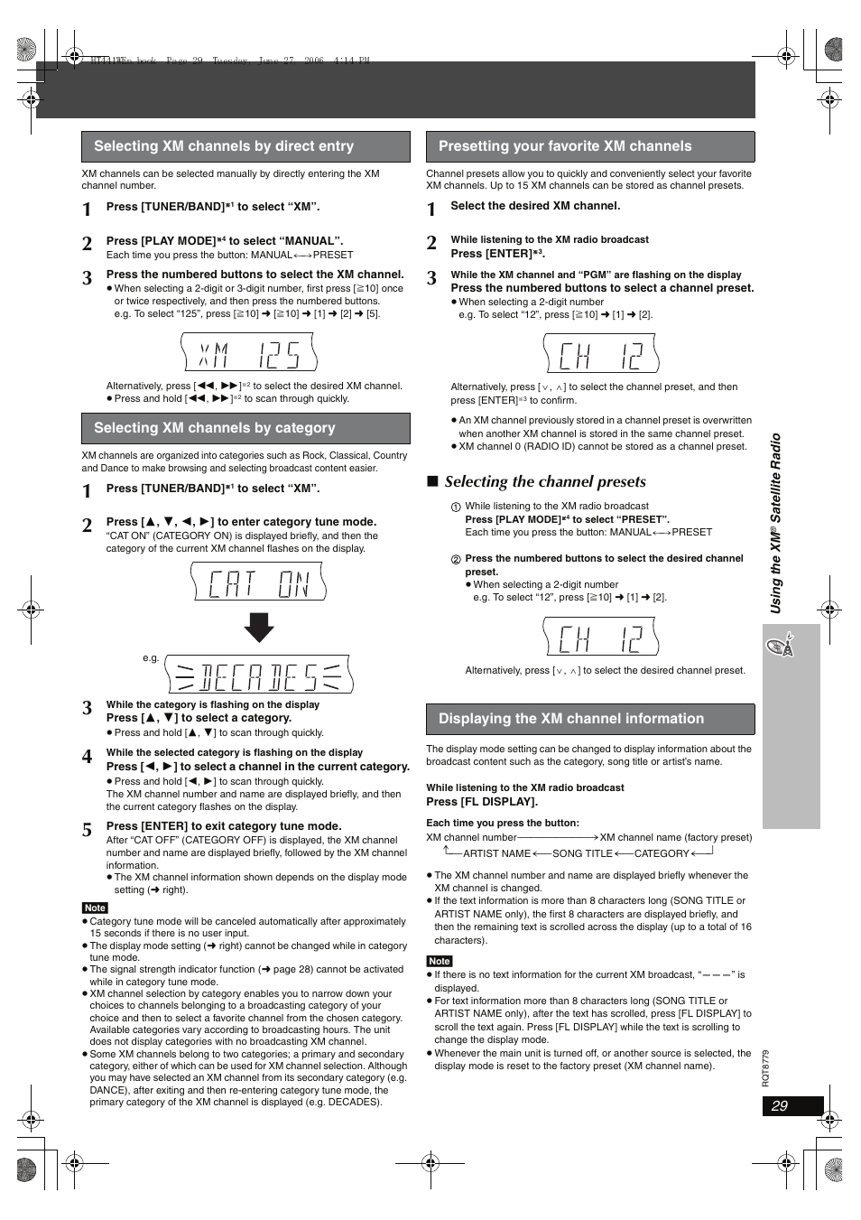 Selecting the channel presets, Selecting xm channels by direct entry, Selecting xm channels by category | Presetting your favorite xm channels, Displaying the xm channel information, Us in g the xm, Satel lite r a dio | Panasonic SC-HT441W User Manual | Page 29 / 40