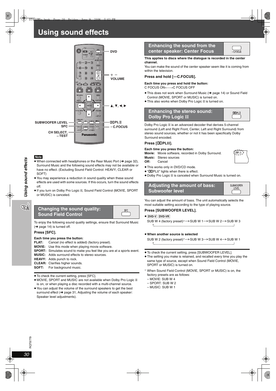 Using sound effects, Changing the sound quality: sound field control | Panasonic SC-HT441W User Manual | Page 30 / 40