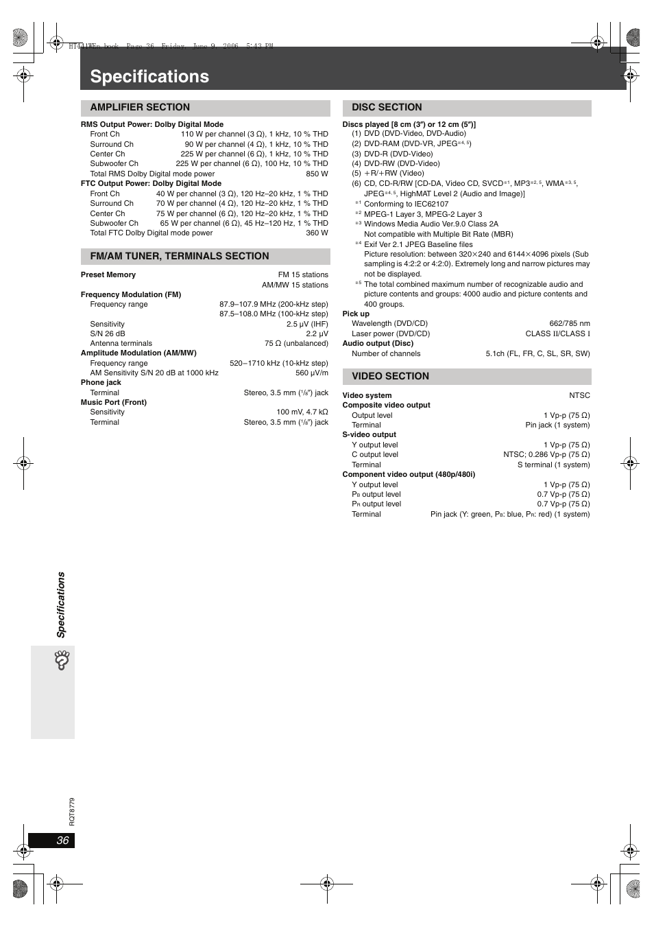 Specifications | Panasonic SC-HT441W User Manual | Page 36 / 40