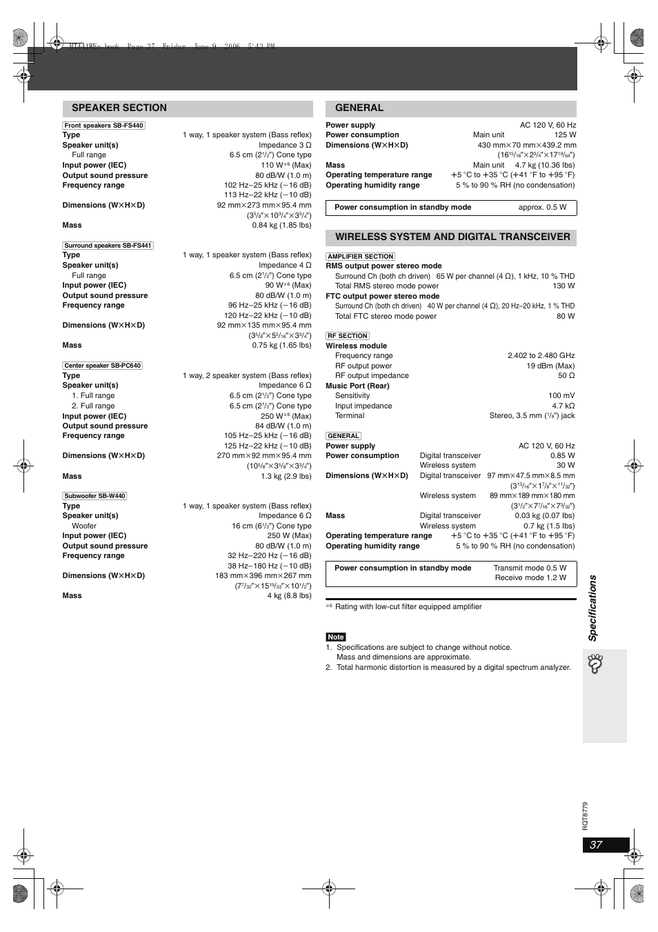 Spe c ifi cati ons, Wireless system and digital transceiver | Panasonic SC-HT441W User Manual | Page 37 / 40