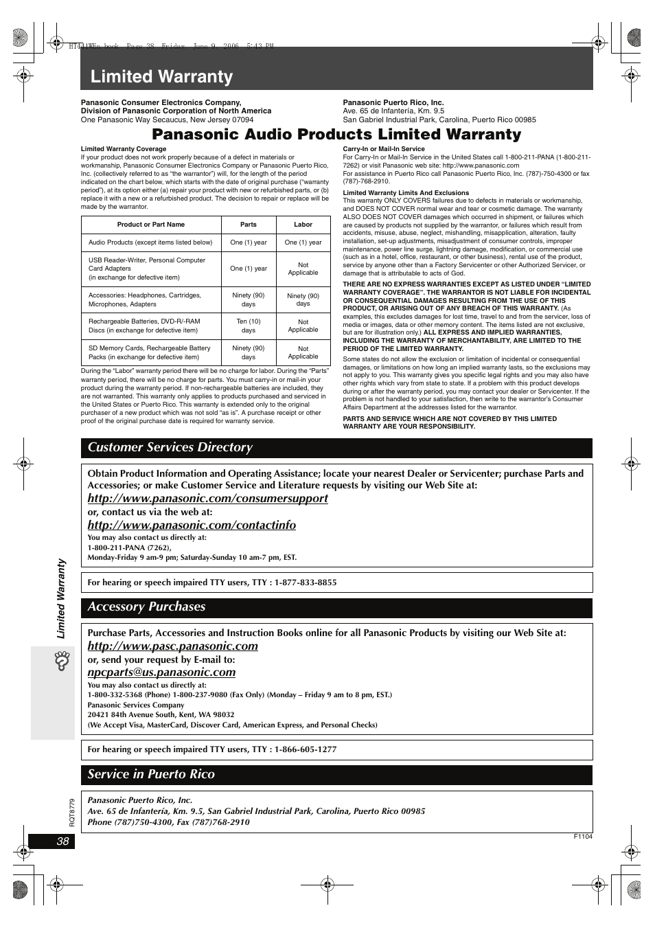 Limited warranty, Panasonic audio products limited warranty, Customer services directory | Accessory purchases, Service in puerto rico | Panasonic SC-HT441W User Manual | Page 38 / 40