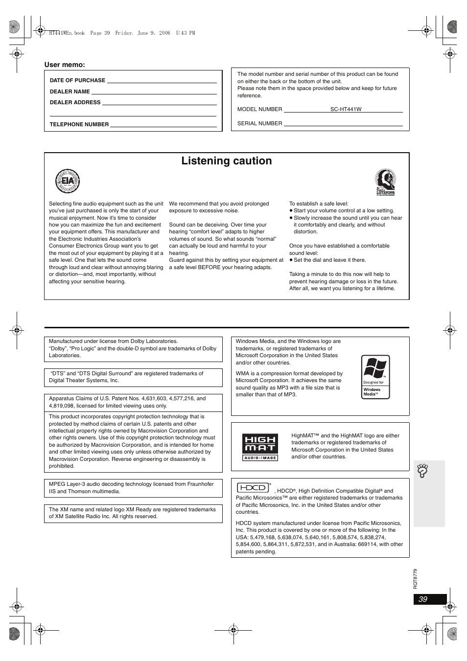 Listening caution | Panasonic SC-HT441W User Manual | Page 39 / 40