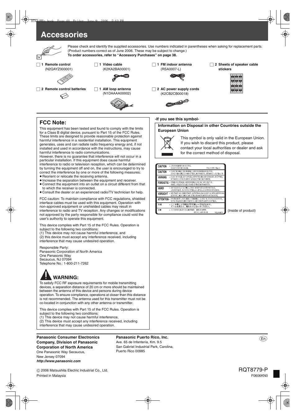 Accessories, Rqt8779-p, Warning | Panasonic puerto rico, inc, If you see this symbol | Panasonic SC-HT441W User Manual | Page 40 / 40