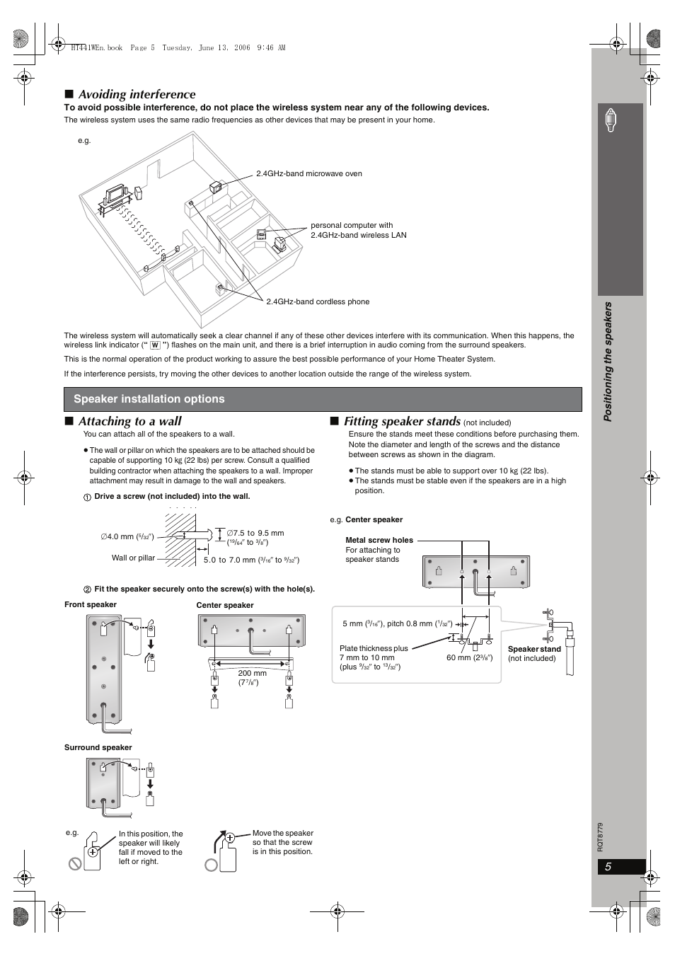 Speaker installation opitions, Avoiding interference, Attaching to a wall | Fitting speaker stands, 5simple se tu p, Speaker installation options, Positi oning the spe ake rs | Panasonic SC-HT441W User Manual | Page 5 / 40