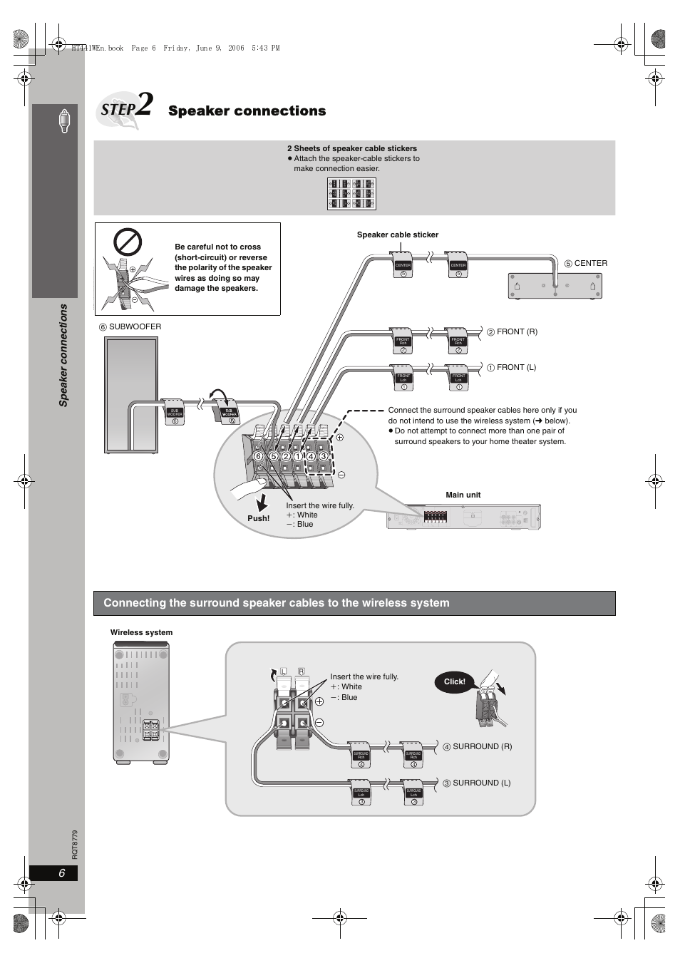 Step 2 speaker connections, Step, Speaker connections | 6simple se tu p, Sp eak er c onne ction s | Panasonic SC-HT441W User Manual | Page 6 / 40