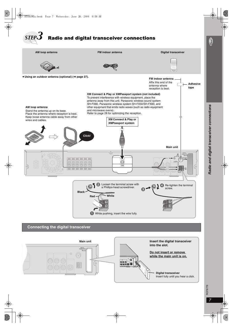 Step 3 radio and digital transceiver connections, Connecting the digital transceiver, Step | Radio and digital transceiver connections, 7simple se tu p | Panasonic SC-HT441W User Manual | Page 7 / 40