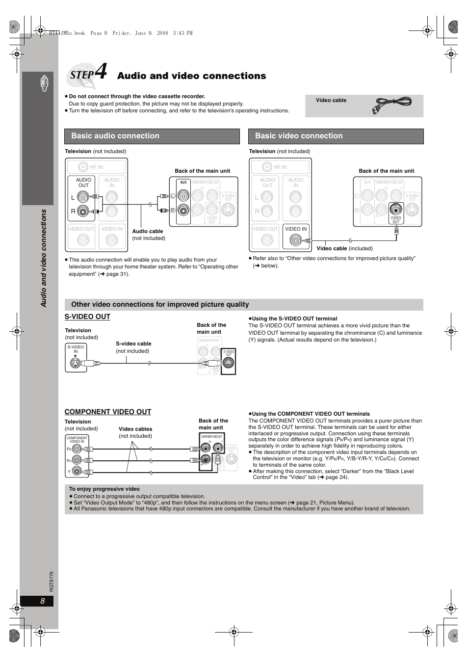 Step 4 audio and video connections, Basic audio connection, Basic video connection | Step, Audio and video connections, 8simple se tu p, S-video out, Component video out, Audio and vide o c onne ction s | Panasonic SC-HT441W User Manual | Page 8 / 40