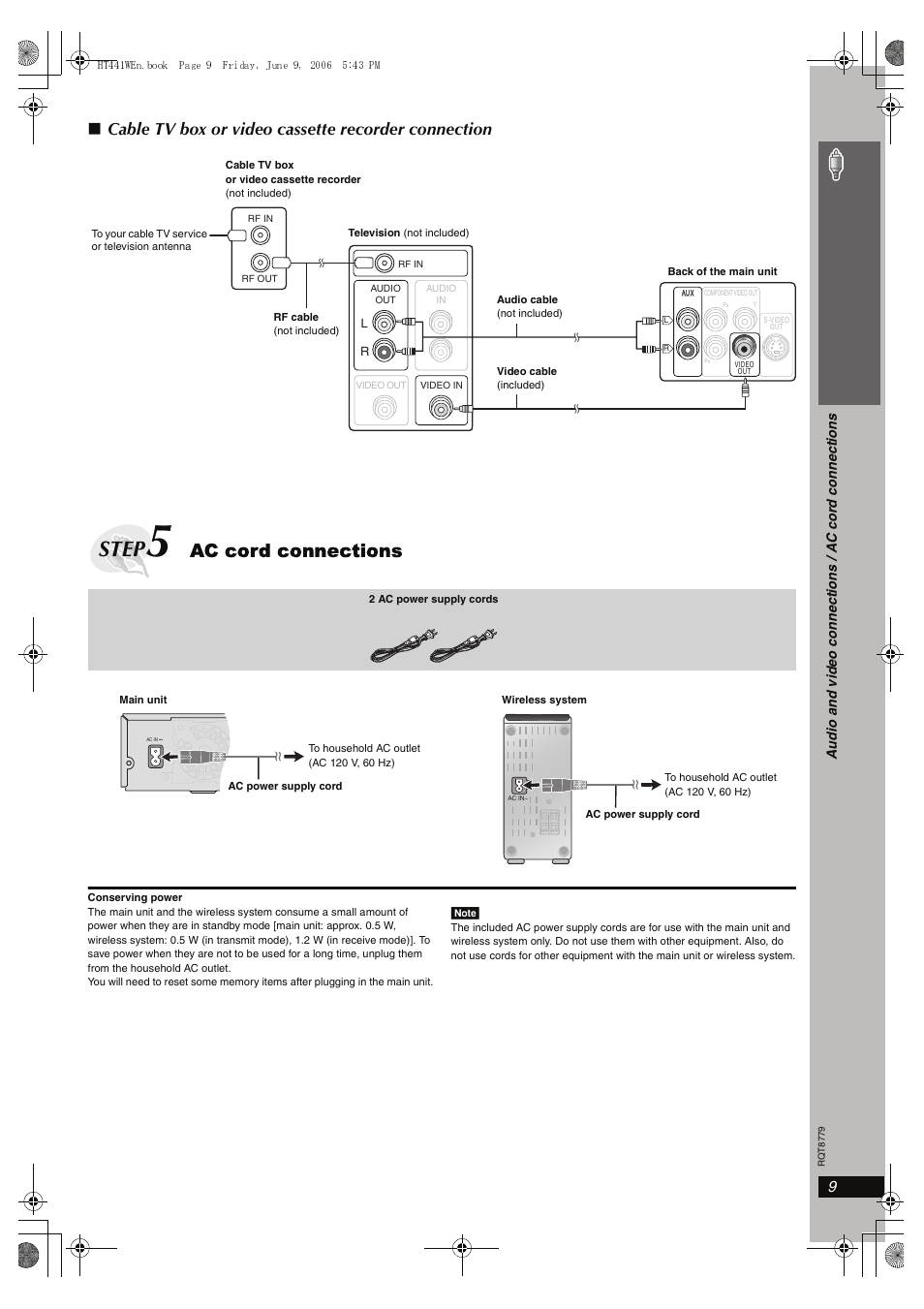 Ac cors connections, Step, Ac cord connections | Cable tv box or video cassette recorder connection, 9simple se tu p | Panasonic SC-HT441W User Manual | Page 9 / 40