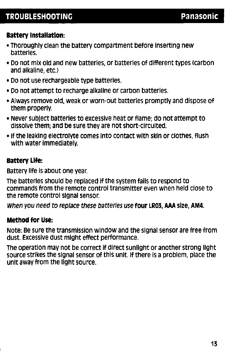 Troubleshooting panasonic | Panasonic RAK-P001 User Manual | Page 13 / 28