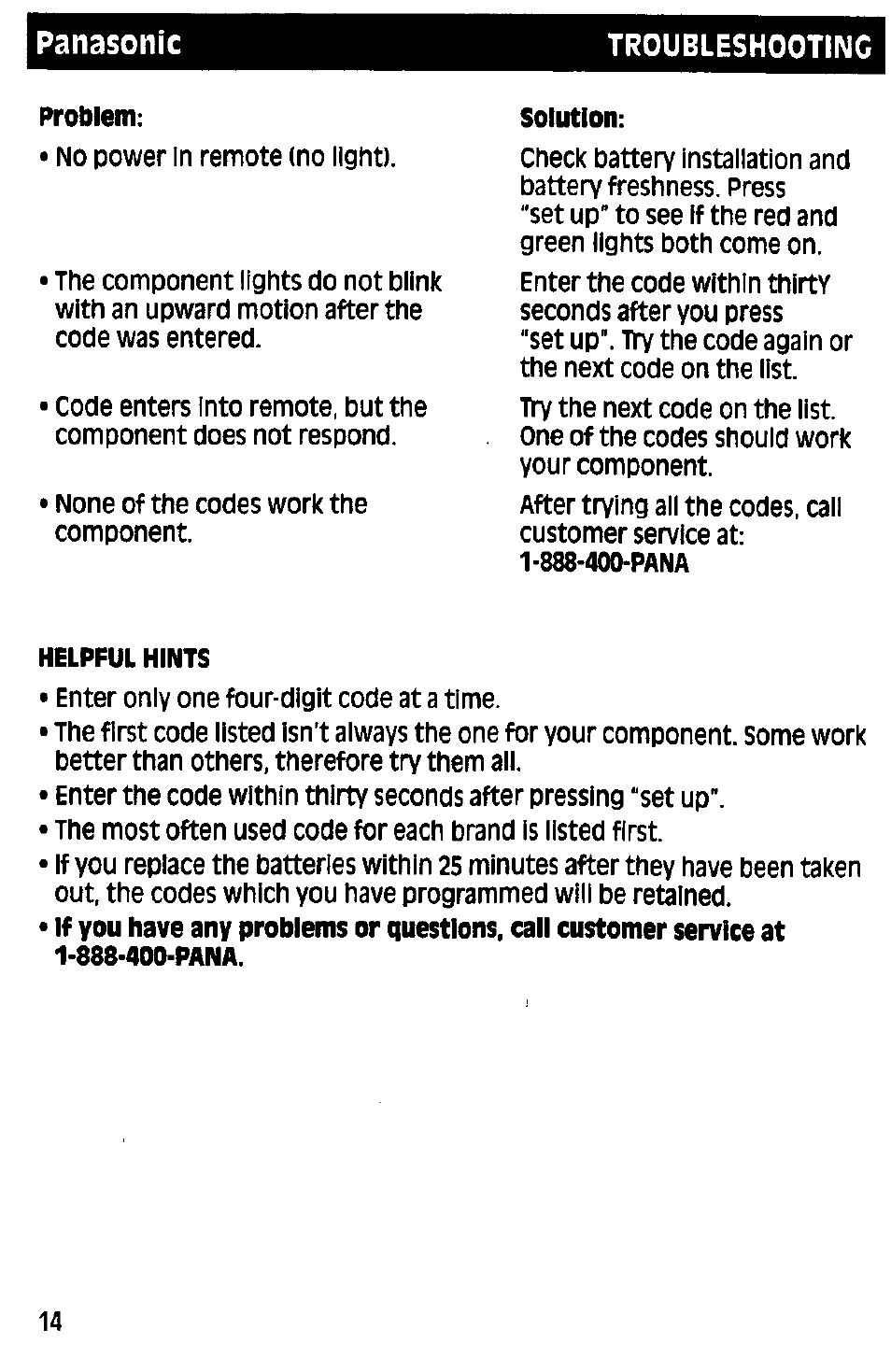 Panasonic troubleshooting | Panasonic RAK-P001 User Manual | Page 14 / 28