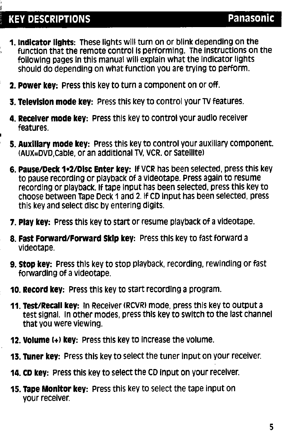 Key descriptions panasonic | Panasonic RAK-P001 User Manual | Page 5 / 28