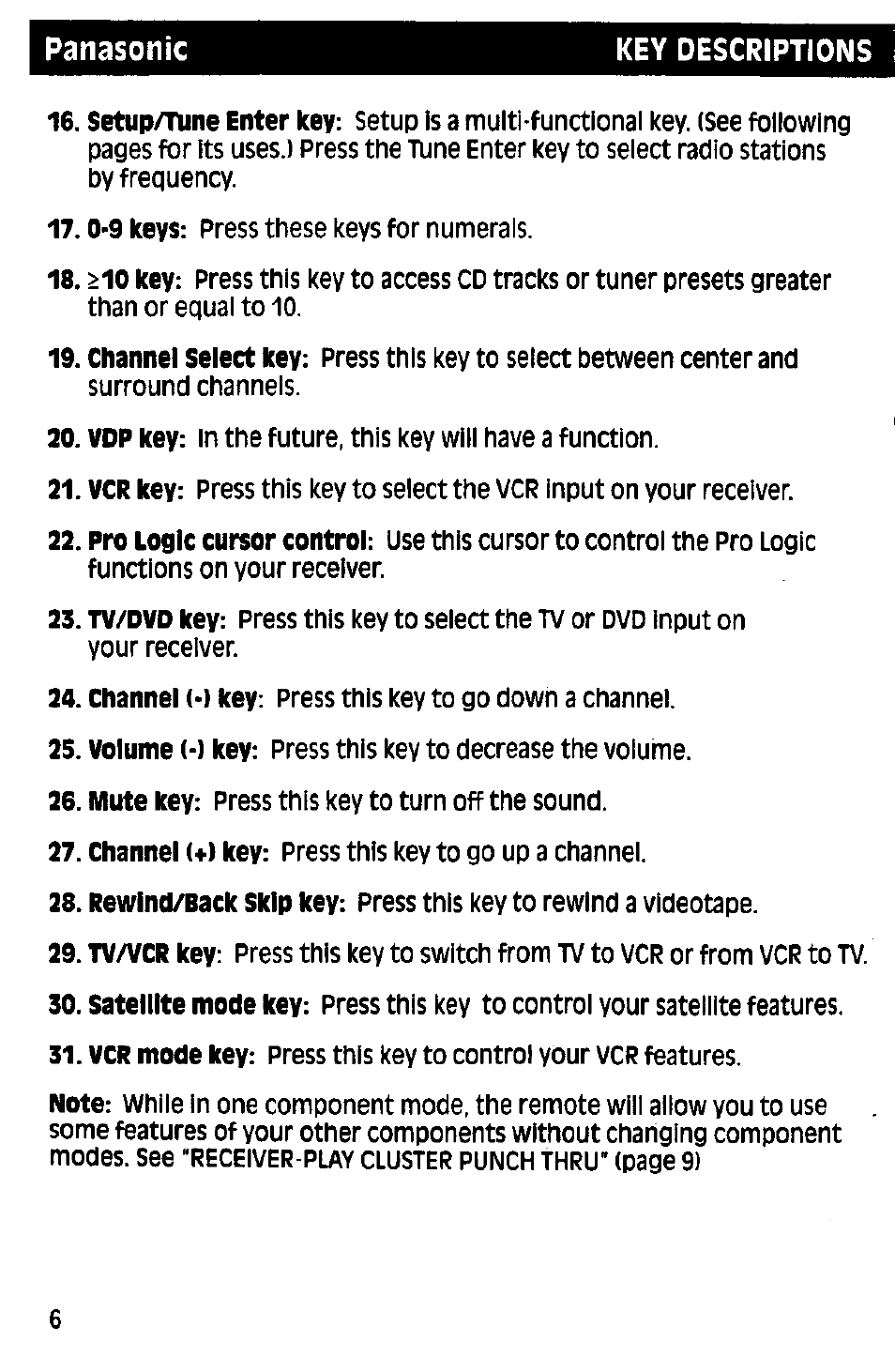 Panasonic key descriptions | Panasonic RAK-P001 User Manual | Page 6 / 28