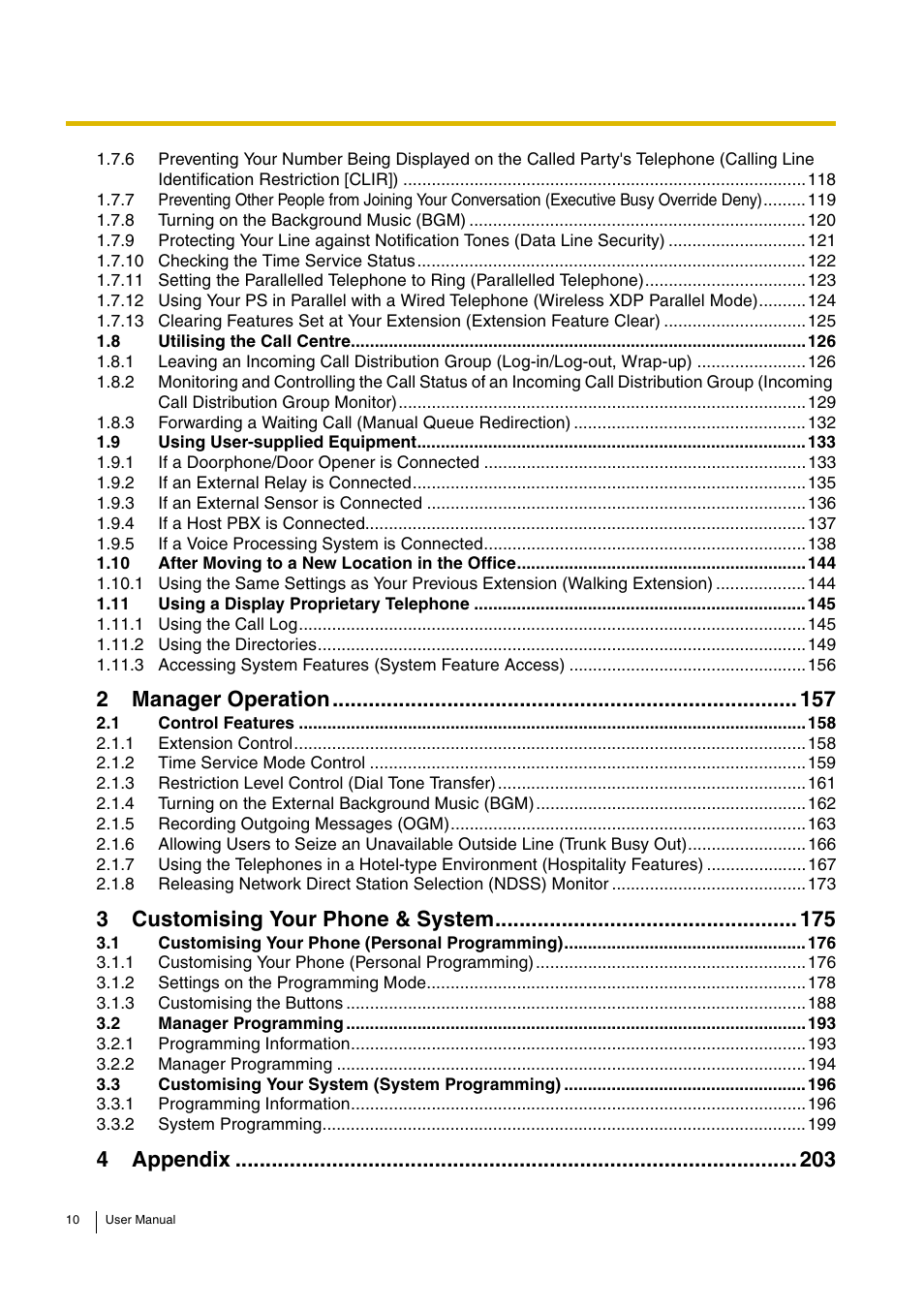 2 manager operation 157, 3 customising your phone & system 175, 4 appendix 203 | 2manager operation, 3customising your phone & system, 4appendix | Panasonic HYBRID IP-PBX KX-TDA30 User Manual | Page 10 / 232