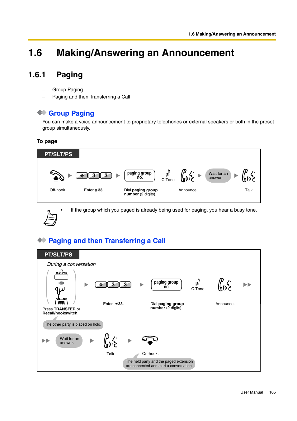 6 making/answering an announcement, 1 paging, Group paging | Paging and then transferring a call | Panasonic HYBRID IP-PBX KX-TDA30 User Manual | Page 105 / 232