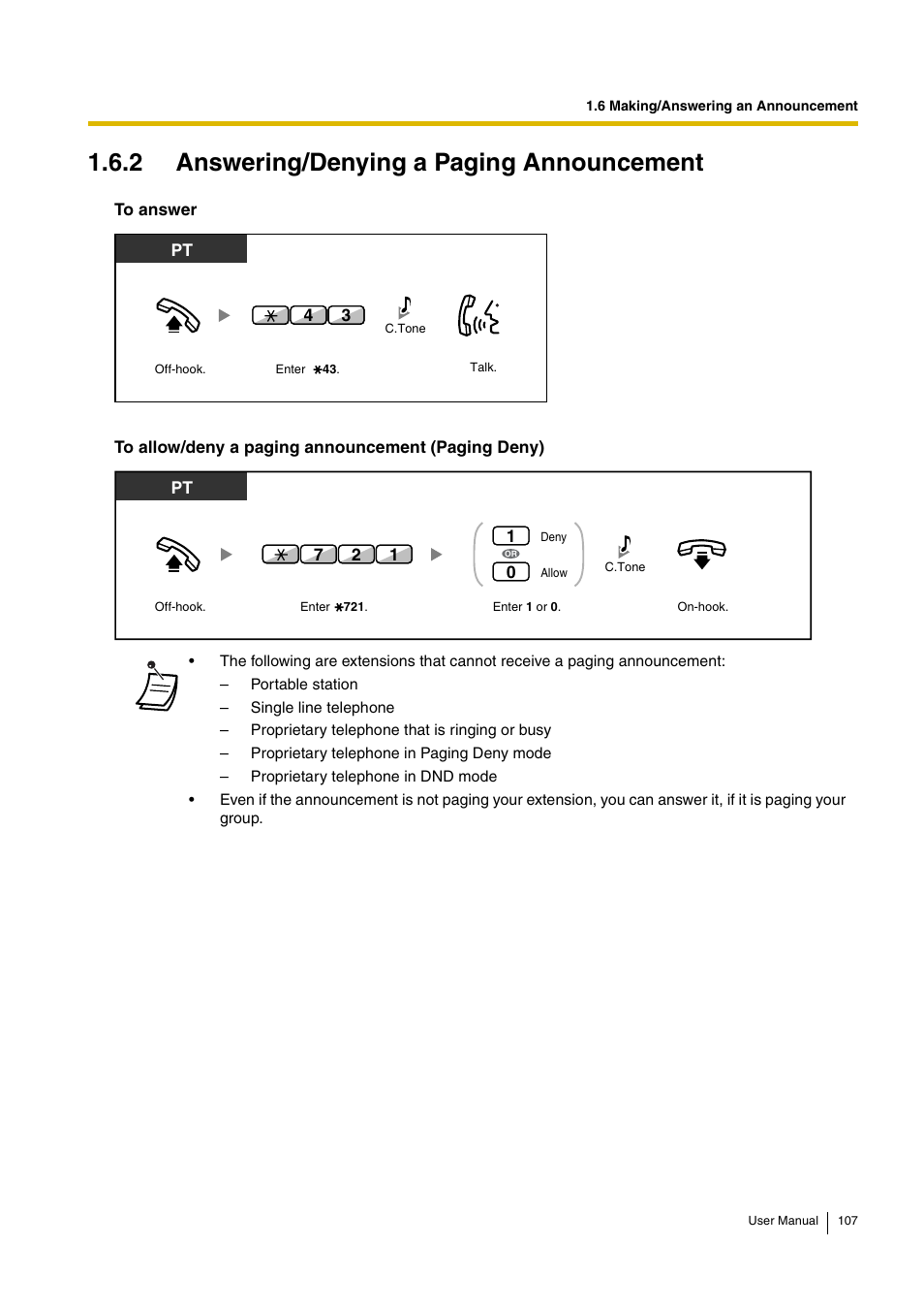 2 answering/denying a paging announcement | Panasonic HYBRID IP-PBX KX-TDA30 User Manual | Page 107 / 232