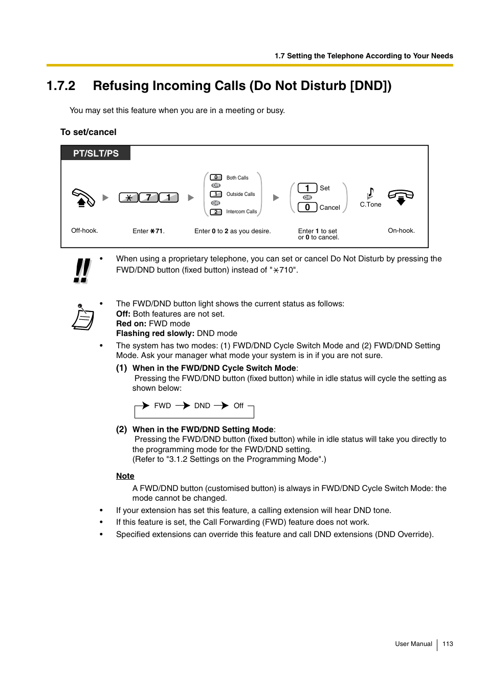 2 refusing incoming calls (do not disturb [dnd]), Pt/slt/ps | Panasonic HYBRID IP-PBX KX-TDA30 User Manual | Page 113 / 232