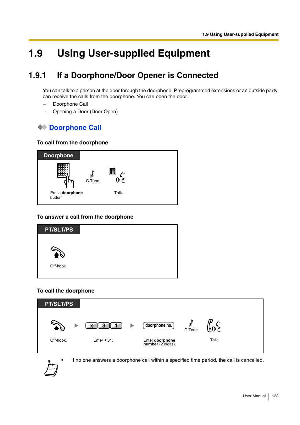 9 using user-supplied equipment, 1 if a doorphone/door opener is connected, Doorphone call | Panasonic HYBRID IP-PBX KX-TDA30 User Manual | Page 133 / 232