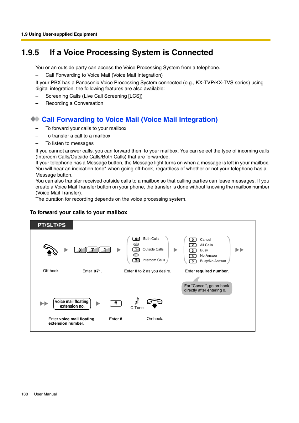 5 if a voice processing system is connected, E 138), Pt/slt/ps | Panasonic HYBRID IP-PBX KX-TDA30 User Manual | Page 138 / 232