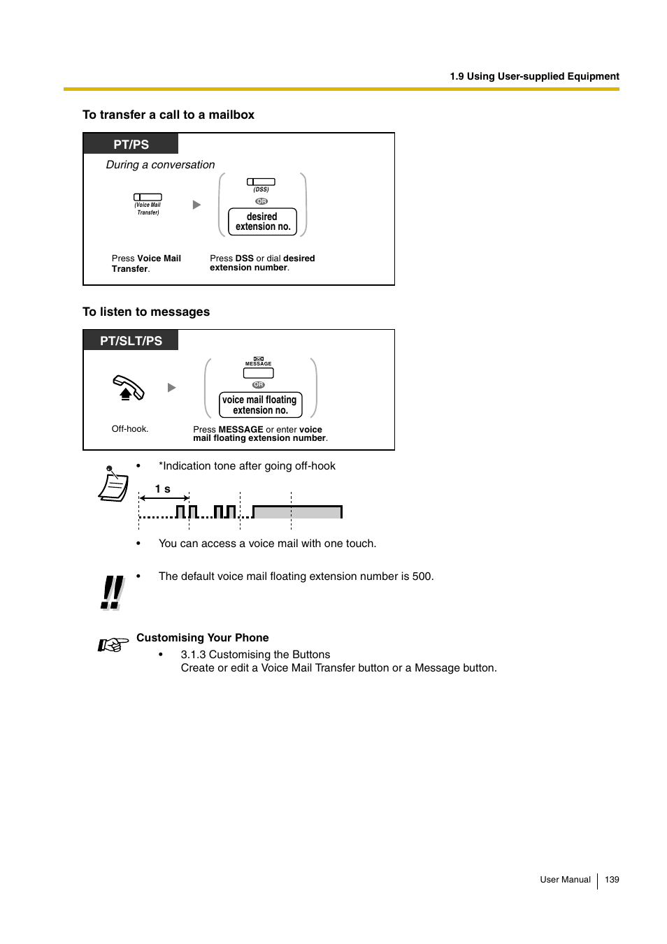 To transfer a call to a mailbox, To listen to messages, Pt/ps | Pt/slt/ps | Panasonic HYBRID IP-PBX KX-TDA30 User Manual | Page 139 / 232