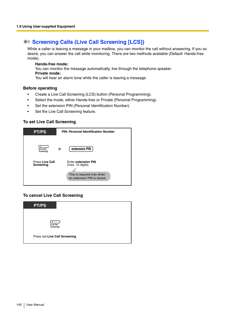 Screening calls (live call screening [lcs]), Pt/ps | Panasonic HYBRID IP-PBX KX-TDA30 User Manual | Page 140 / 232