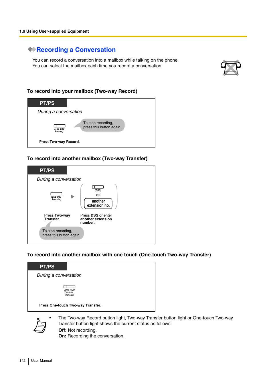 Recording a conversation, Pt/ps | Panasonic HYBRID IP-PBX KX-TDA30 User Manual | Page 142 / 232