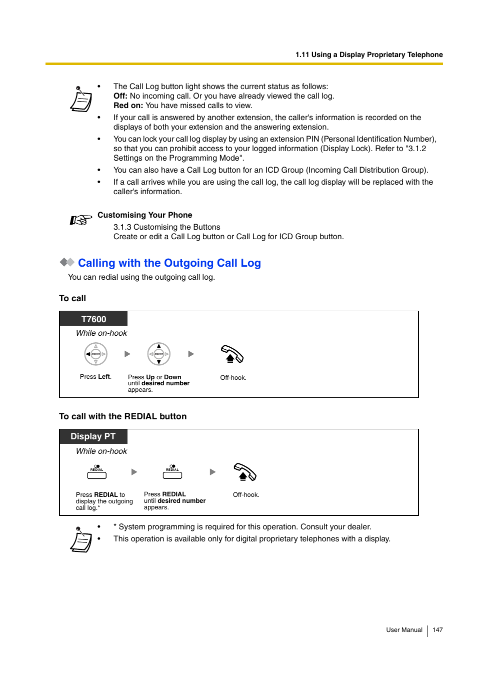 Calling with the outgoing call log, T7600, Display pt | Panasonic HYBRID IP-PBX KX-TDA30 User Manual | Page 147 / 232