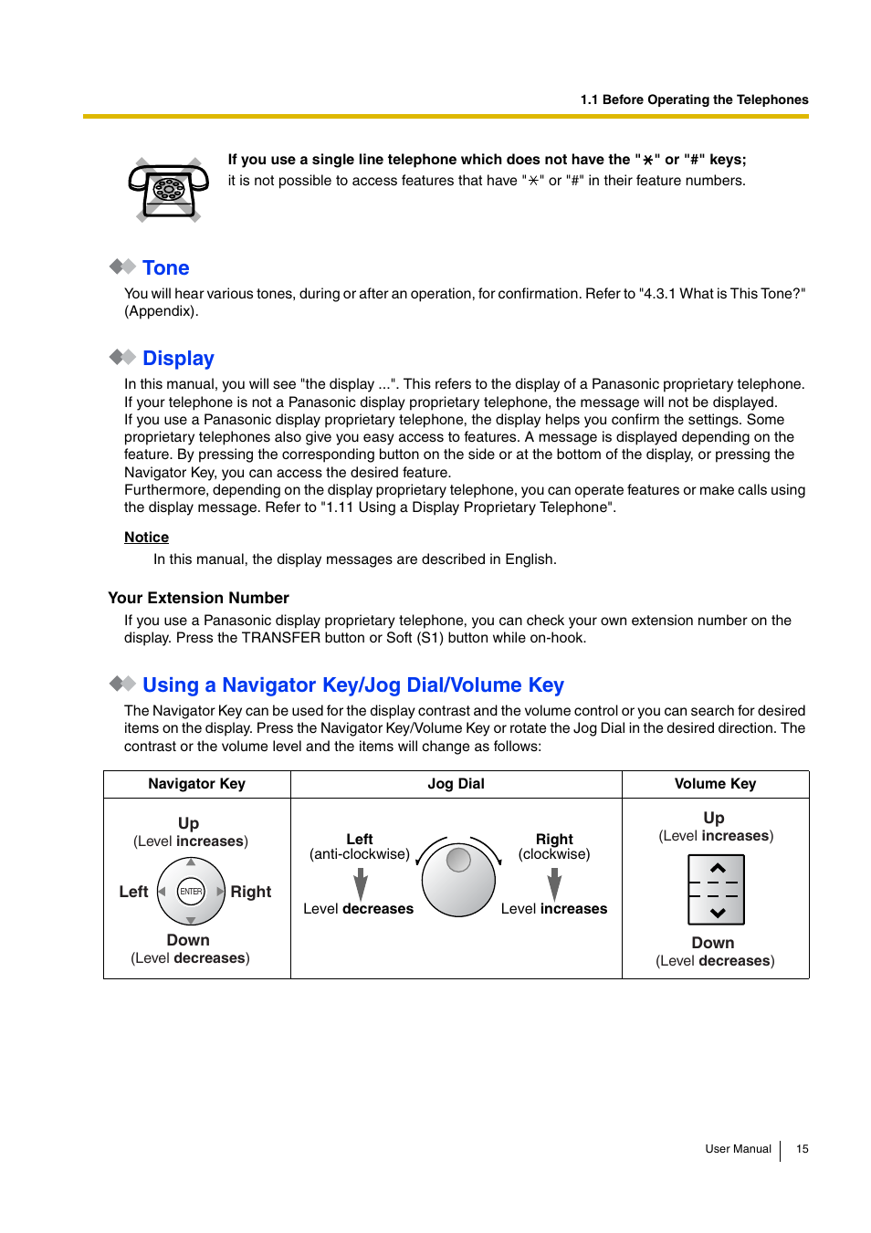 Tone, Display, Using a navigator key/jog dial/volume key | Panasonic HYBRID IP-PBX KX-TDA30 User Manual | Page 15 / 232