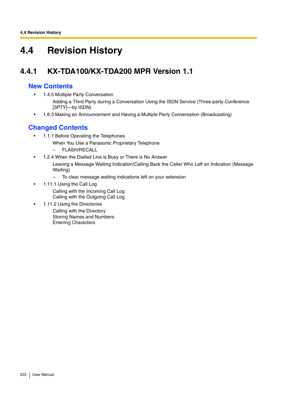 4 revision history, 1 kx-tda100/kx-tda200 mpr version 1.1, New contents | Changed contents | Panasonic HYBRID IP-PBX KX-TDA30 User Manual | Page 222 / 232