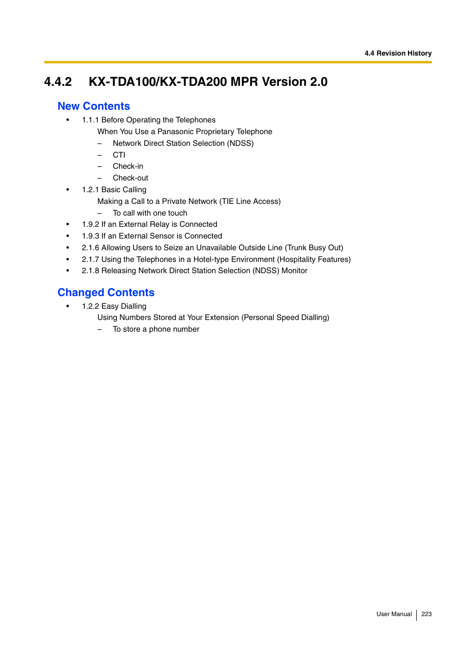 2 kx-tda100/kx-tda200 mpr version 2.0, New contents, Changed contents | Panasonic HYBRID IP-PBX KX-TDA30 User Manual | Page 223 / 232