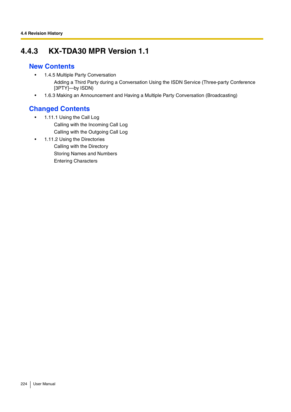 3 kx-tda30 mpr version 1.1, New contents, Changed contents | Panasonic HYBRID IP-PBX KX-TDA30 User Manual | Page 224 / 232