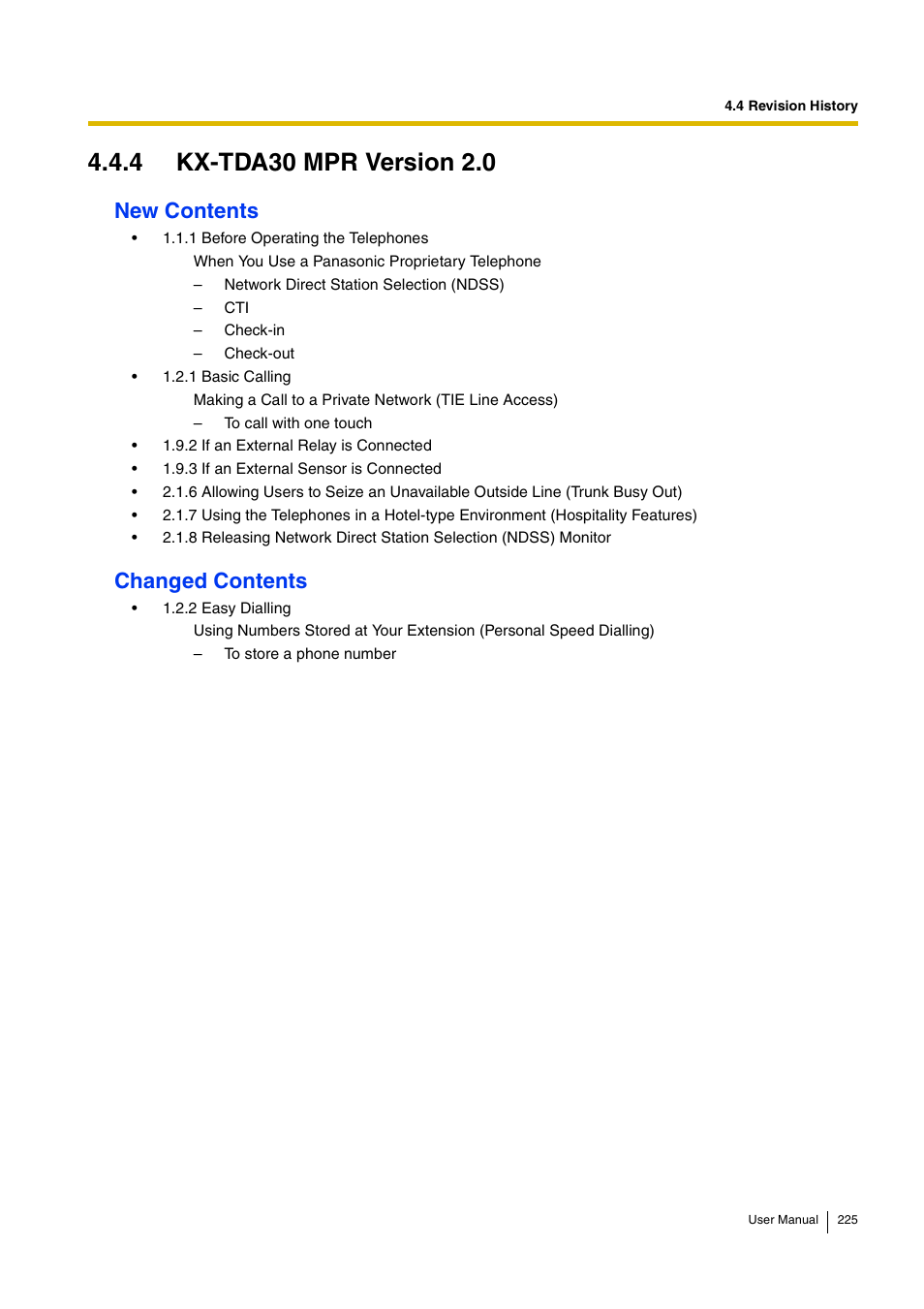 4 kx-tda30 mpr version 2.0, New contents, Changed contents | Panasonic HYBRID IP-PBX KX-TDA30 User Manual | Page 225 / 232