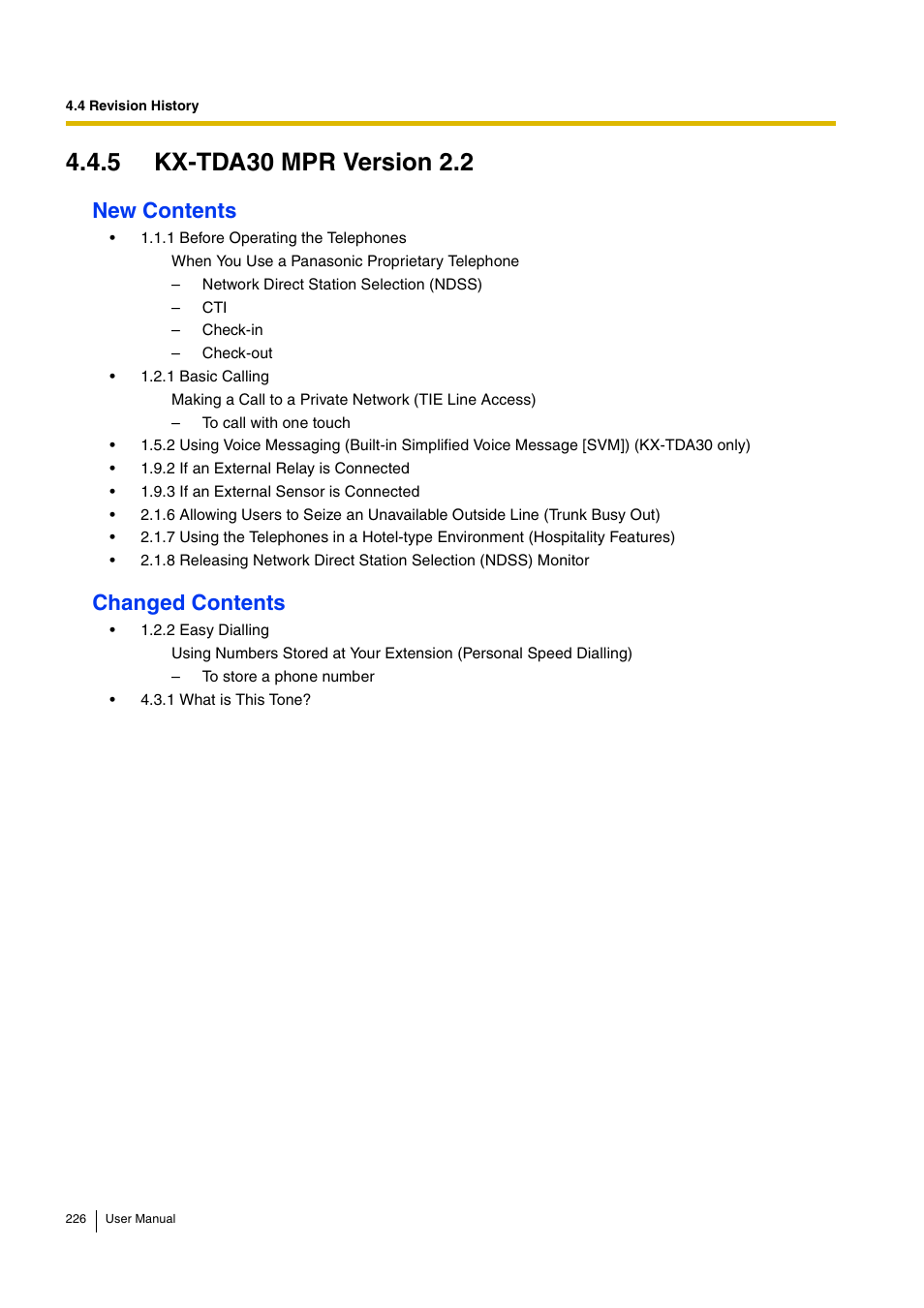 5 kx-tda30 mpr version 2.2, New contents, Changed contents | Panasonic HYBRID IP-PBX KX-TDA30 User Manual | Page 226 / 232