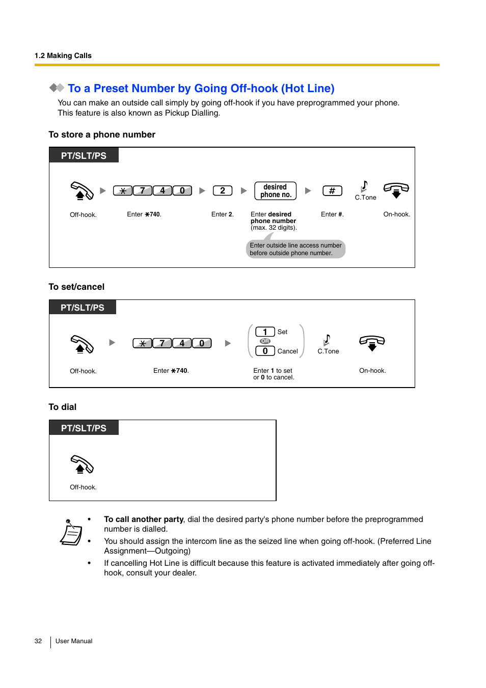 To a preset number by going off-hook (hot line), Pt/slt/ps | Panasonic HYBRID IP-PBX KX-TDA30 User Manual | Page 32 / 232