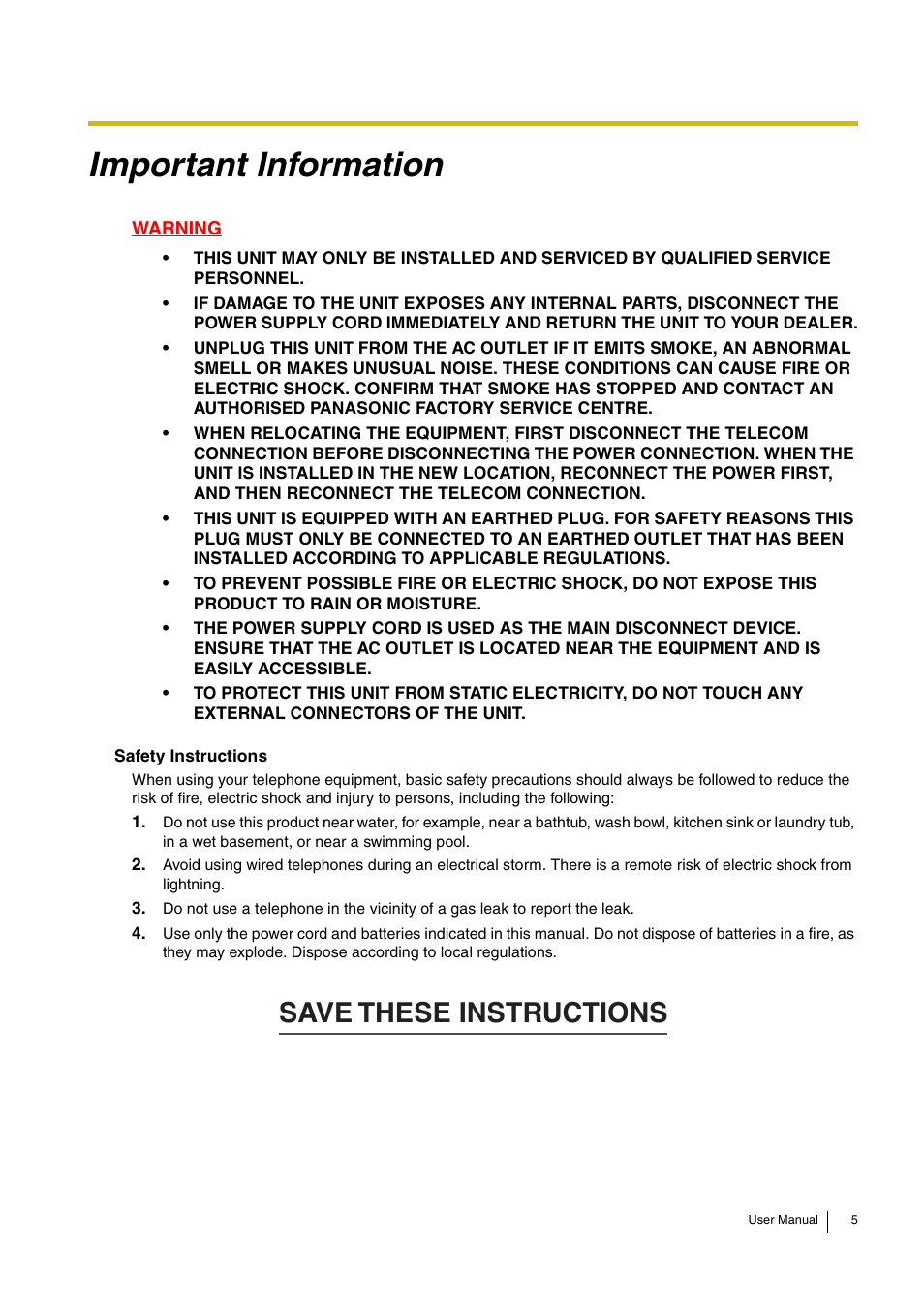 Important information, Save these instructions | Panasonic HYBRID IP-PBX KX-TDA30 User Manual | Page 5 / 232