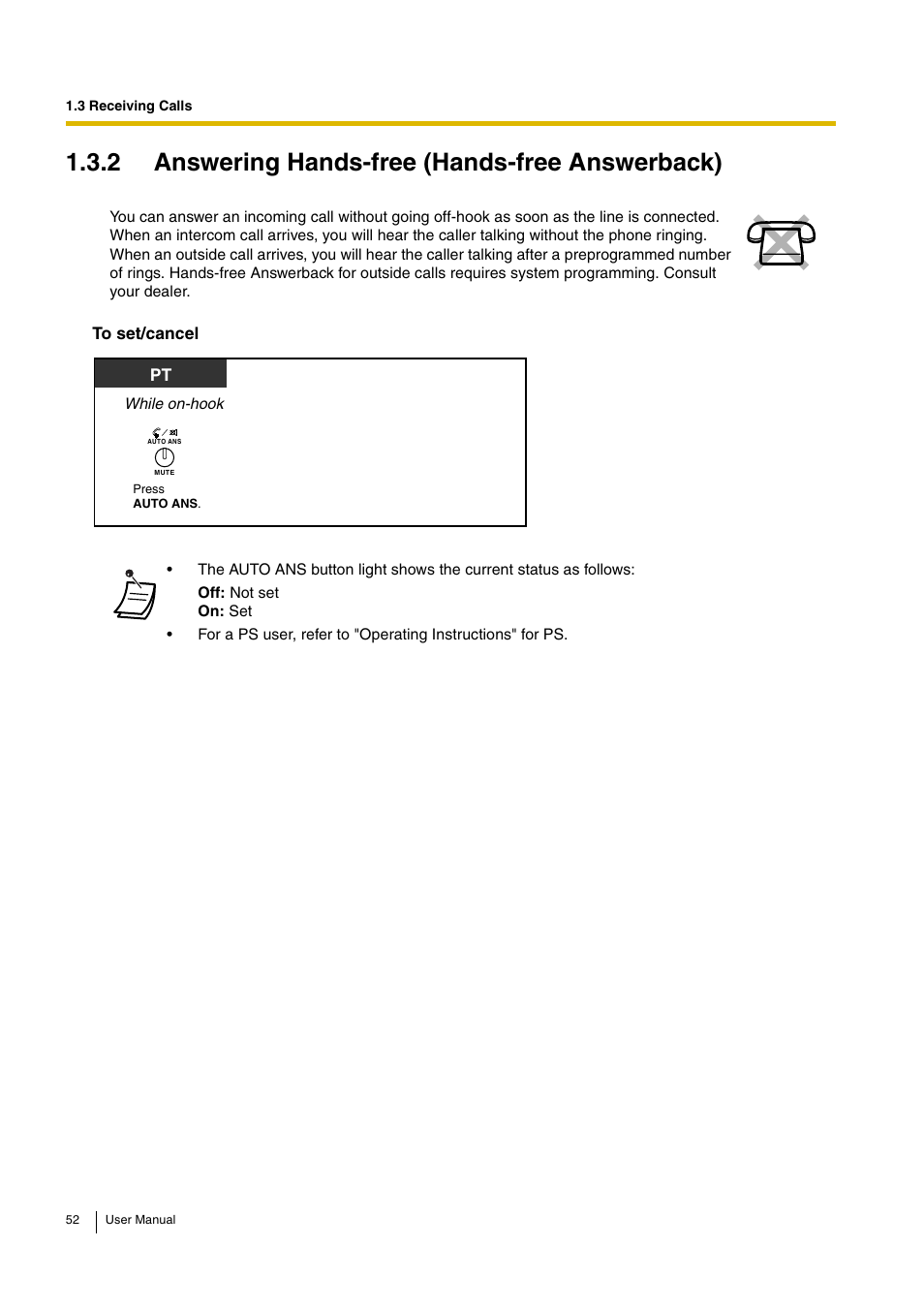 2 answering hands-free (hands-free answerback) | Panasonic HYBRID IP-PBX KX-TDA30 User Manual | Page 52 / 232