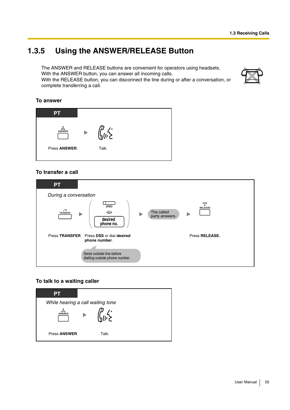 5 using the answer/release button | Panasonic HYBRID IP-PBX KX-TDA30 User Manual | Page 55 / 232