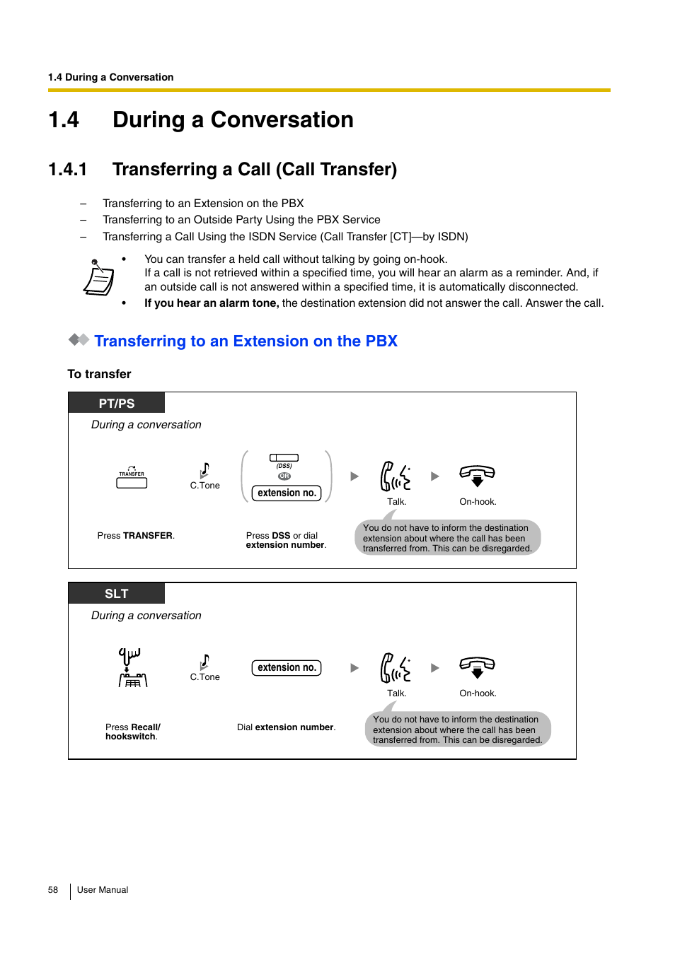 4 during a conversation, 1 transferring a call (call transfer), Transferring to an extension on the pbx | Pt/ps | Panasonic HYBRID IP-PBX KX-TDA30 User Manual | Page 58 / 232