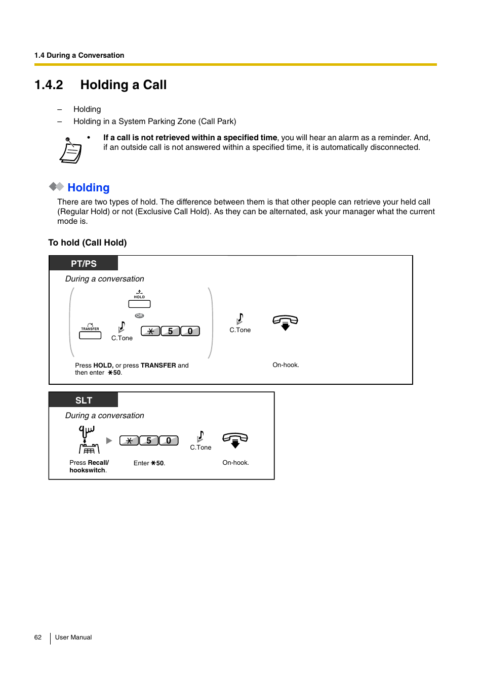 2 holding a call, Holding, Pt/ps | Panasonic HYBRID IP-PBX KX-TDA30 User Manual | Page 62 / 232