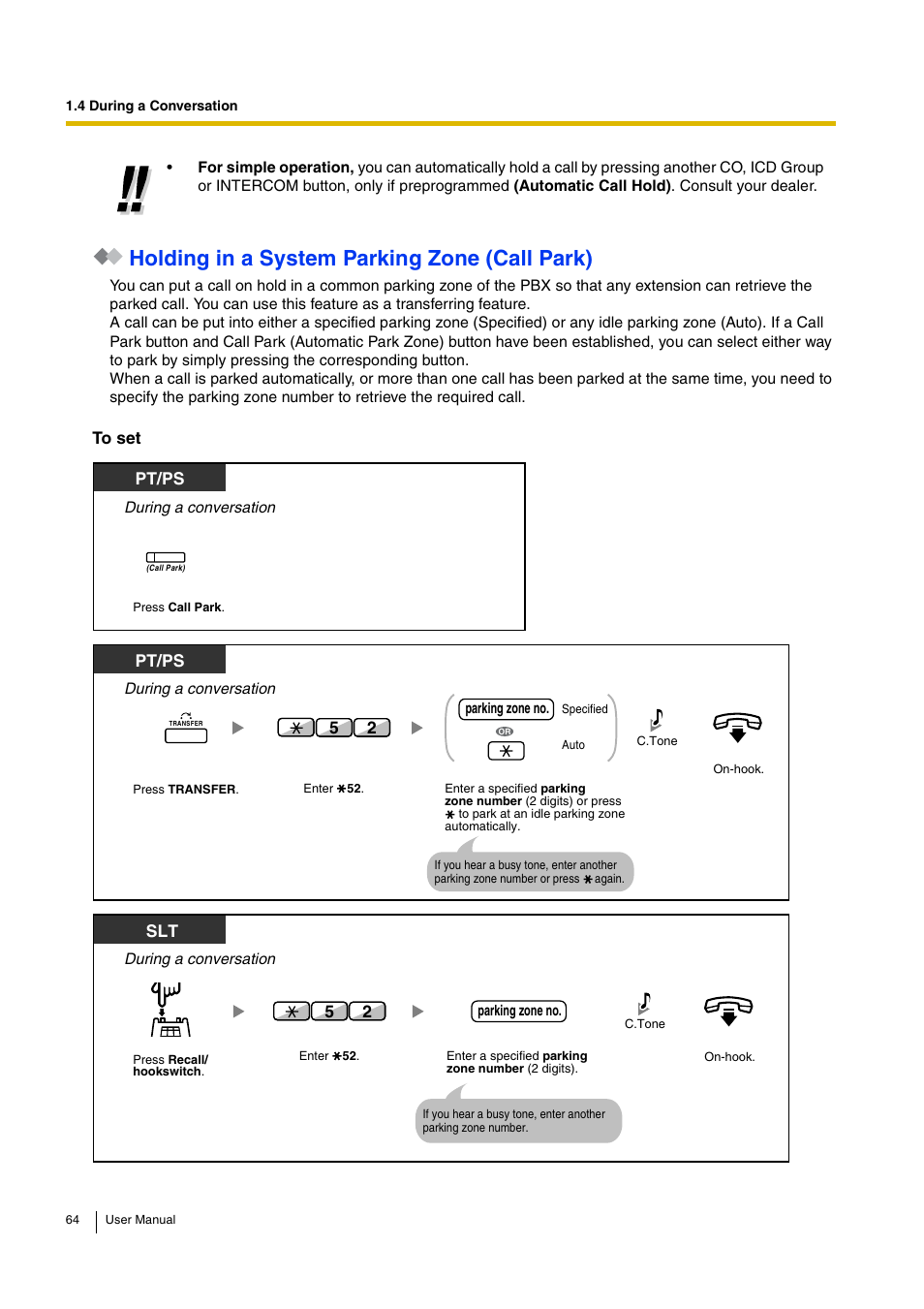 Holding in a system parking zone (call park), Pt/ps | Panasonic HYBRID IP-PBX KX-TDA30 User Manual | Page 64 / 232