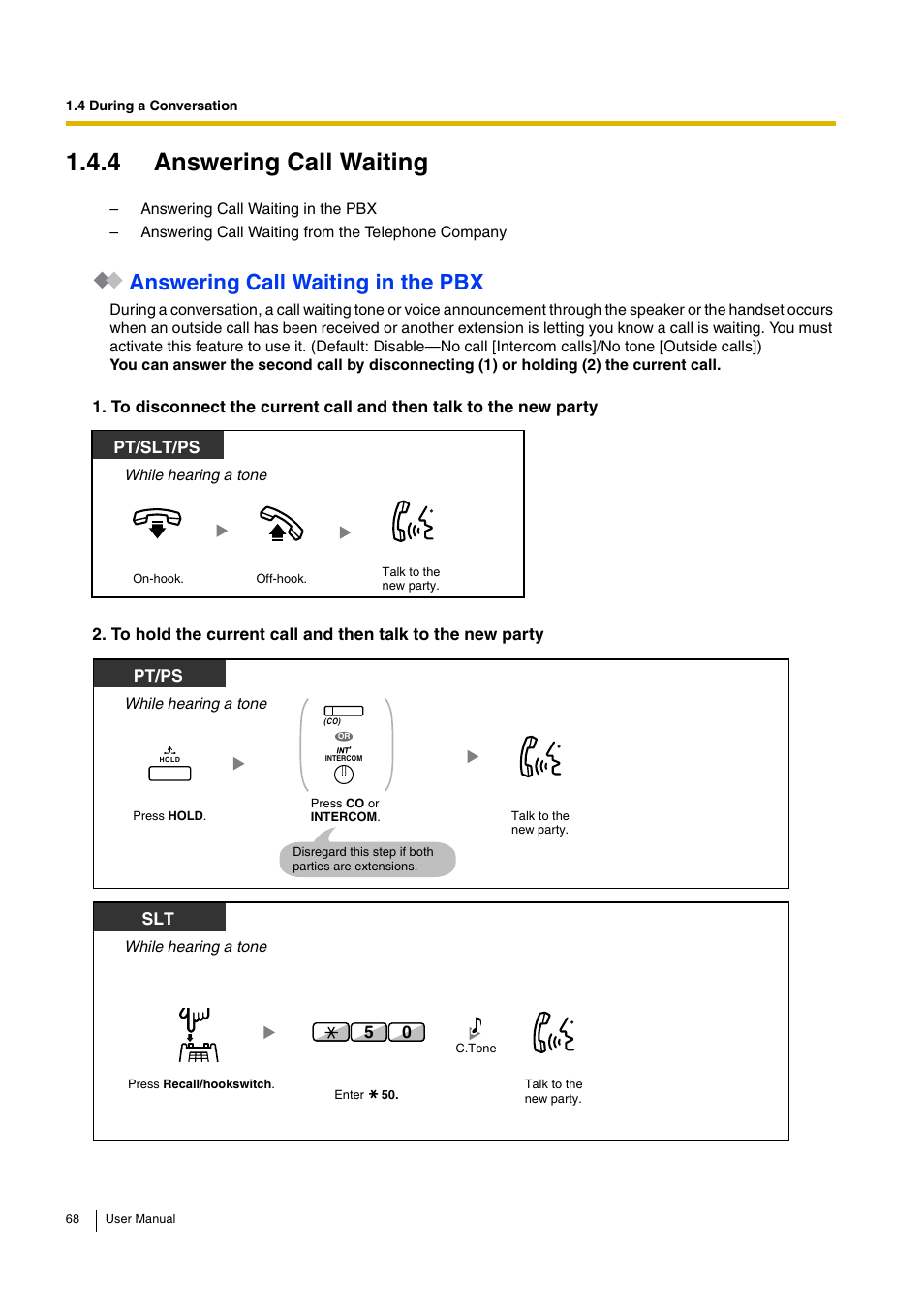 4 answering call waiting, Answering call waiting in the pbx, Pt/slt/ps | Pt/ps | Panasonic HYBRID IP-PBX KX-TDA30 User Manual | Page 68 / 232