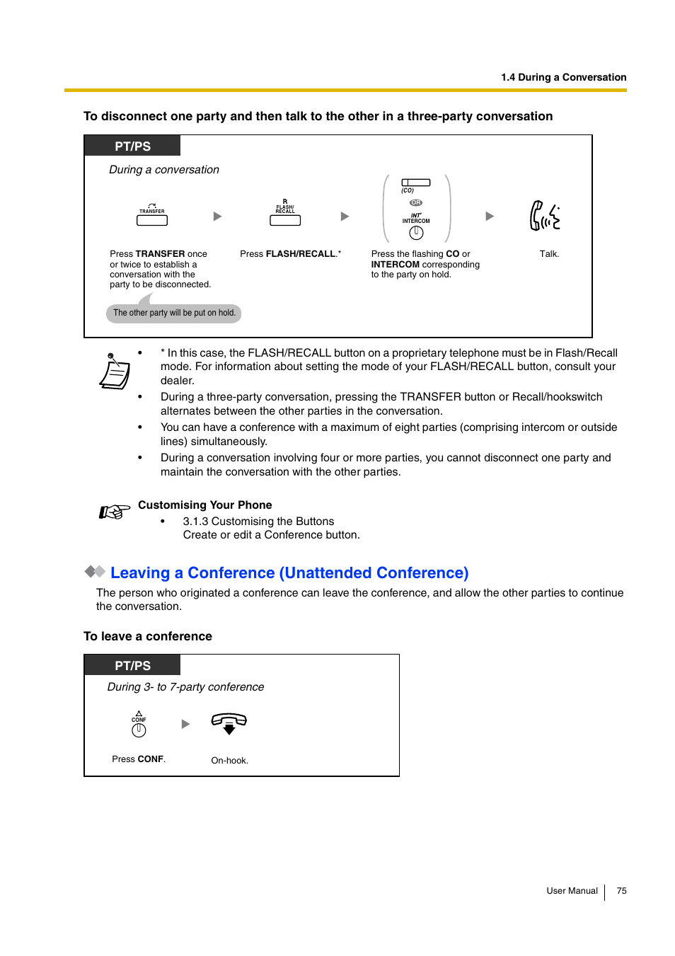 Leaving a conference (unattended conference), Pt/ps | Panasonic HYBRID IP-PBX KX-TDA30 User Manual | Page 75 / 232