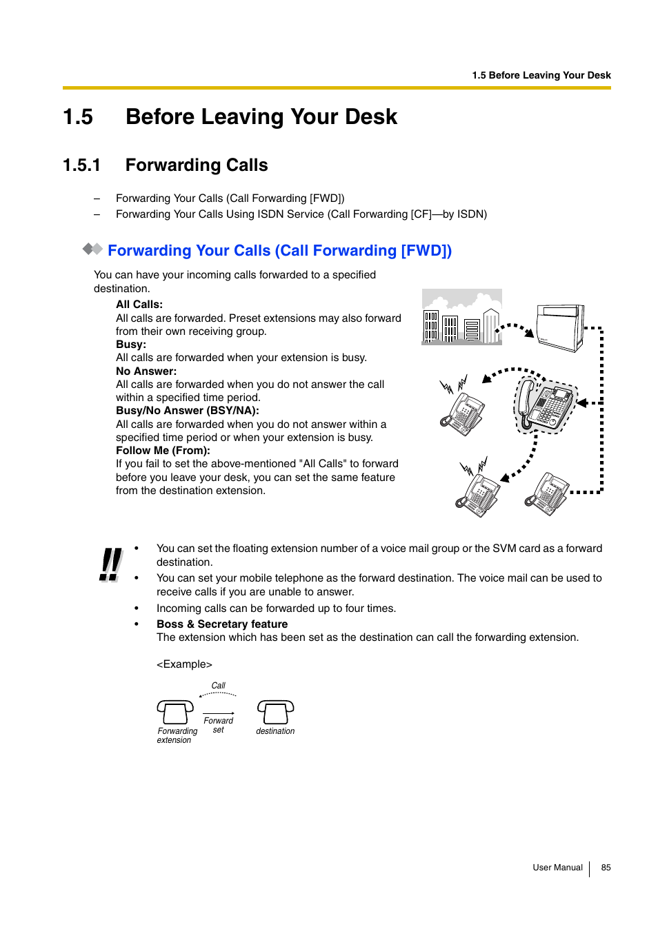 5 before leaving your desk, 1 forwarding calls, Forwarding your calls (call forwarding [fwd]) | Panasonic HYBRID IP-PBX KX-TDA30 User Manual | Page 85 / 232